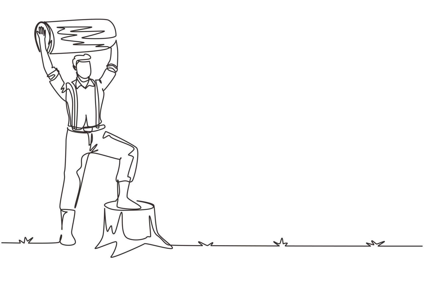 dibujo de una sola línea leñador sonriente sosteniendo un tronco derribado. con camisa de liga, jeans y botas, posando con un pie en un tocón de árbol. ilustración de vector gráfico de diseño de dibujo de línea continua