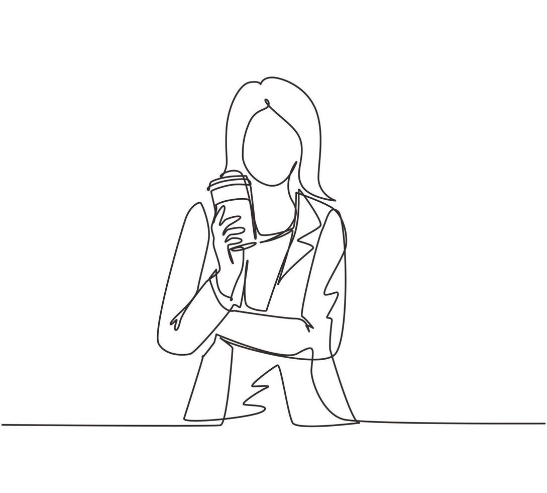 Continuous one line drawing beautiful young woman holding paper cup of hot coffee on street city. Enjoys leisure time, dressed in stylish clothes. Single line draw design vector graphic illustration