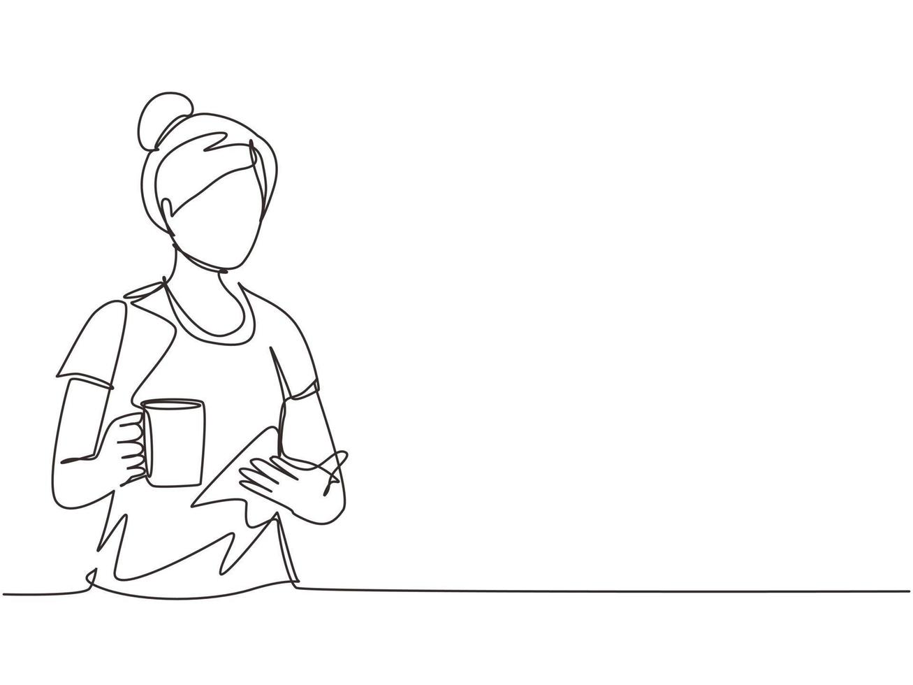 Single continuous line drawing beautiful woman relaxing drinking and showing at mug of hot coffee or tea. Cute girl feeling enjoy having breakfast in holiday. One line draw design vector illustration