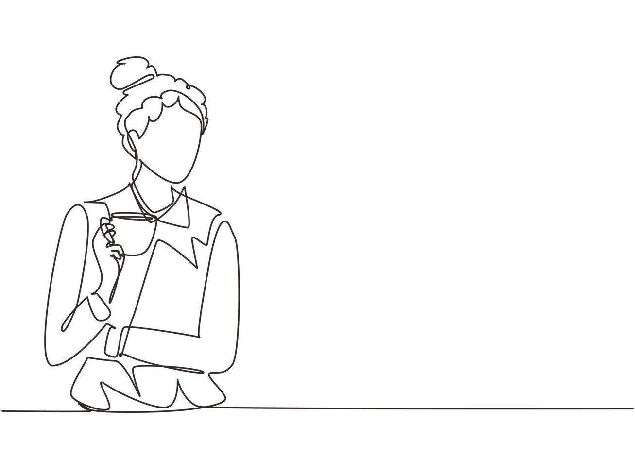 Continuous one line drawing business woman holding and drinking coffee cup sitting in the coffee shop. Business dress code. Enjoy relax time after office. Single line draw design vector illustration