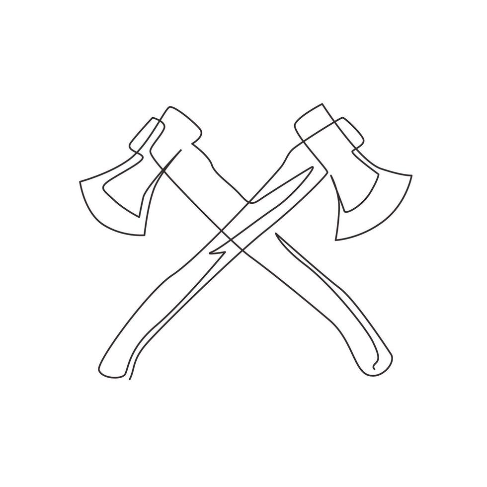 Continuous one line drawing lumberjack axes crossed icon. Crossed axes, crossed firefighter axe, fire service fireman axe, Hatchet in vector format. Single line draw design vector graphic illustration