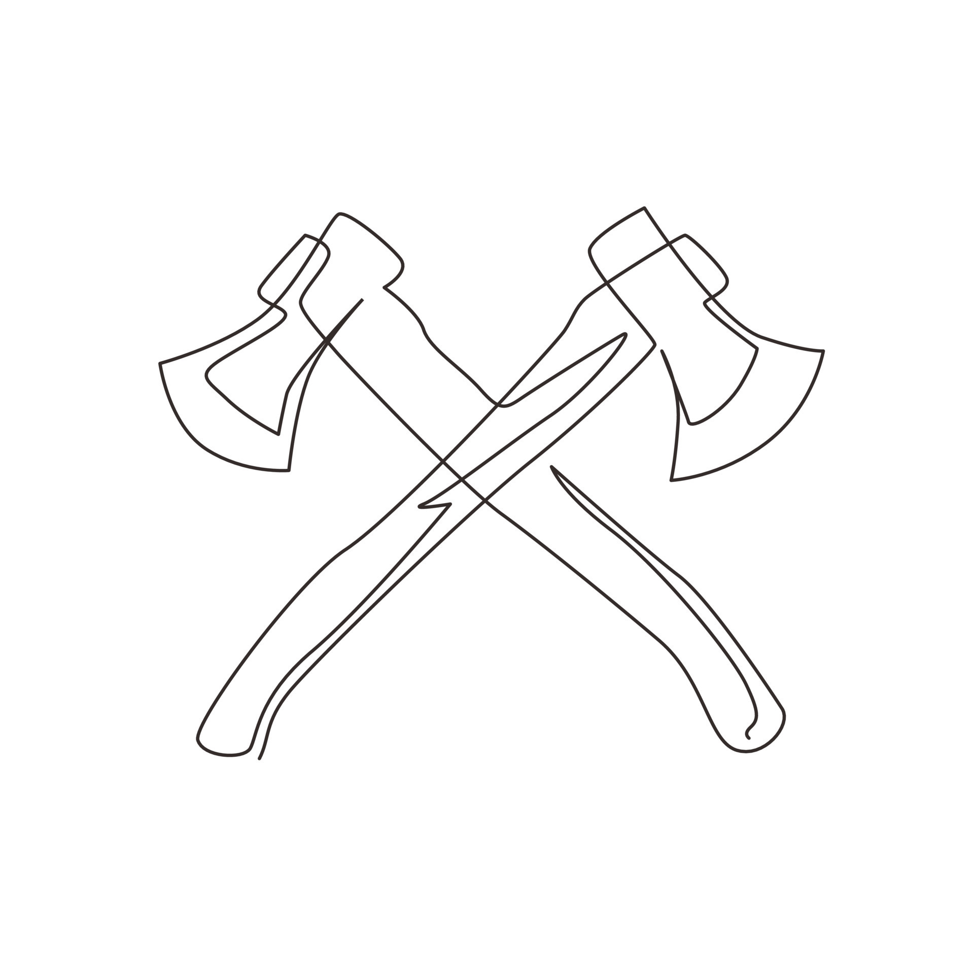 Continuous one line drawing lumberjack axes crossed icon. Crossed axes, crossed firefighter axe