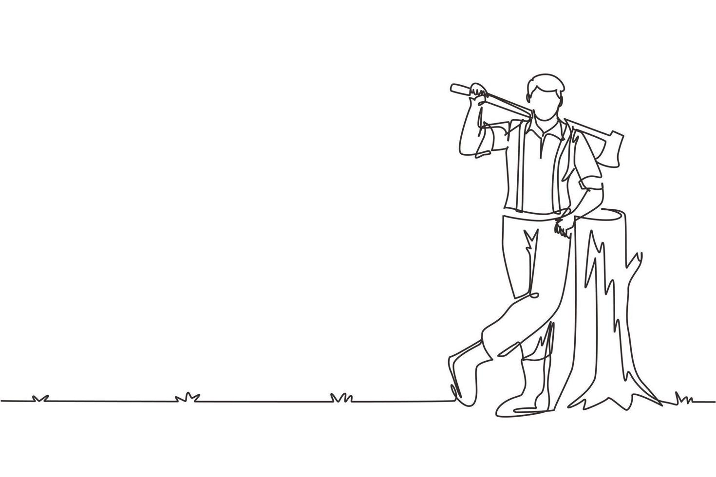 Single one line drawing lumberjack lean on the wood log. Wearing shirt, jeans and boots. Holding on his shoulder a ax. Lumberjack pose on the logging forest. continuous line draw design graphic vector