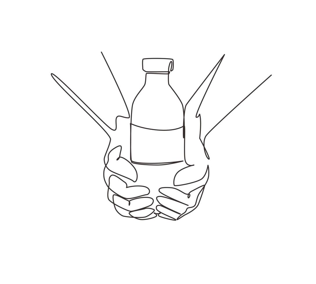 las manos de dibujo de una sola línea sostienen botellas de vidrio de leche sin lactosa a base de plantas, tiene una nutrición saludable. bebida alternativa no láctea. ilustración de vector gráfico de diseño de dibujo de línea continua moderna
