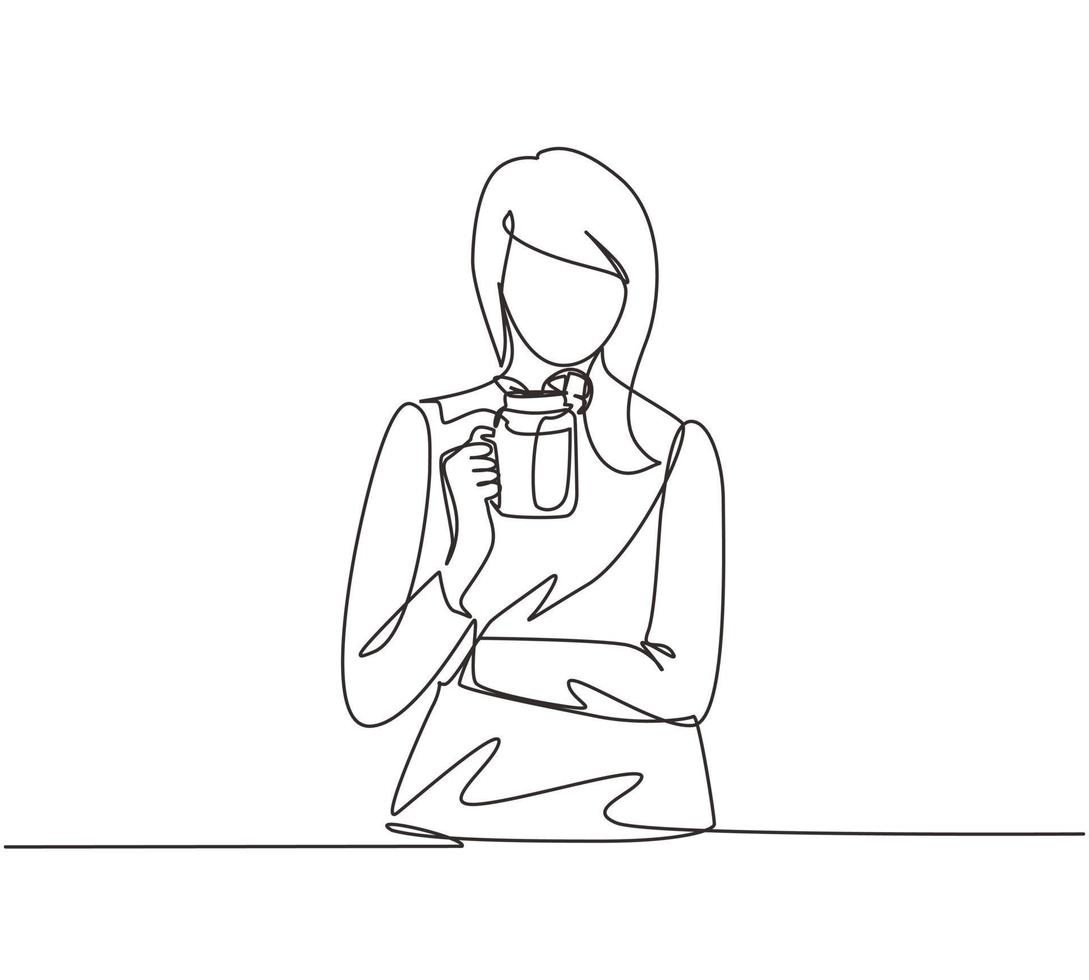 Single one line drawing pretty woman holds mug of fruit-berry lemonade with ice in hand. Young girl wearing shirt having morning breakfast with orange juice. Continuous line draw design graphic vector