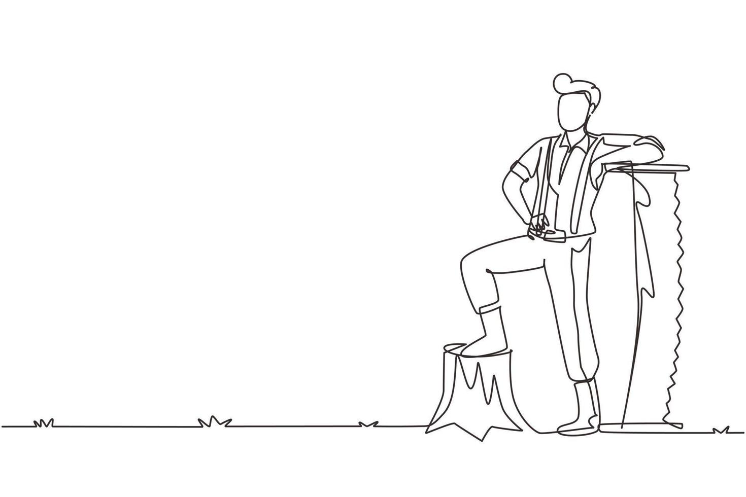 Single continuous line drawing smiling lumberjack man wearing suspender shirt, standing with steel two man saw, posing with one foot on a tree stump. One line draw graphic design vector illustration