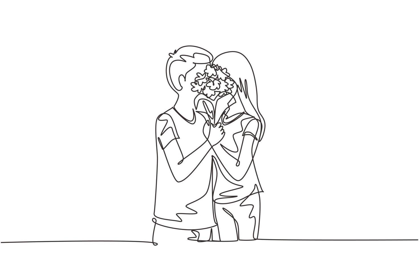 dibujo de una sola línea pareja joven abrazándose y besándose detrás de un ramo de flores. feliz hombre y mujer celebrando el aniversario de boda. ilustración de vector gráfico de diseño de dibujo de línea continua moderna