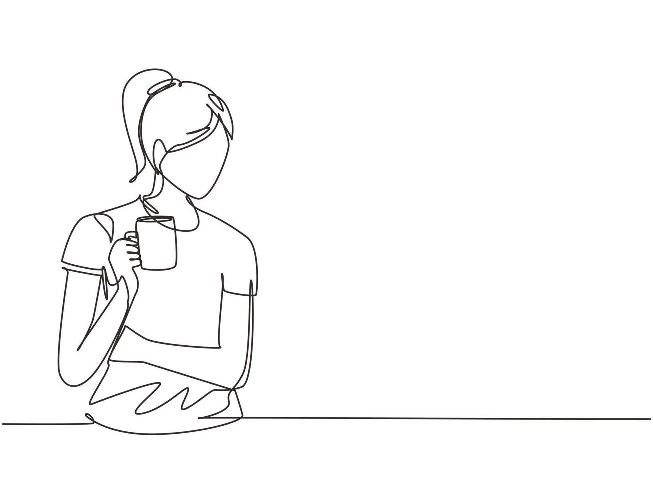 Single continuous line drawing beautiful woman relaxing drinking and looking at mug of hot coffee or tea. Cute girl feeling enjoy having breakfast in holiday. One line draw design vector illustration