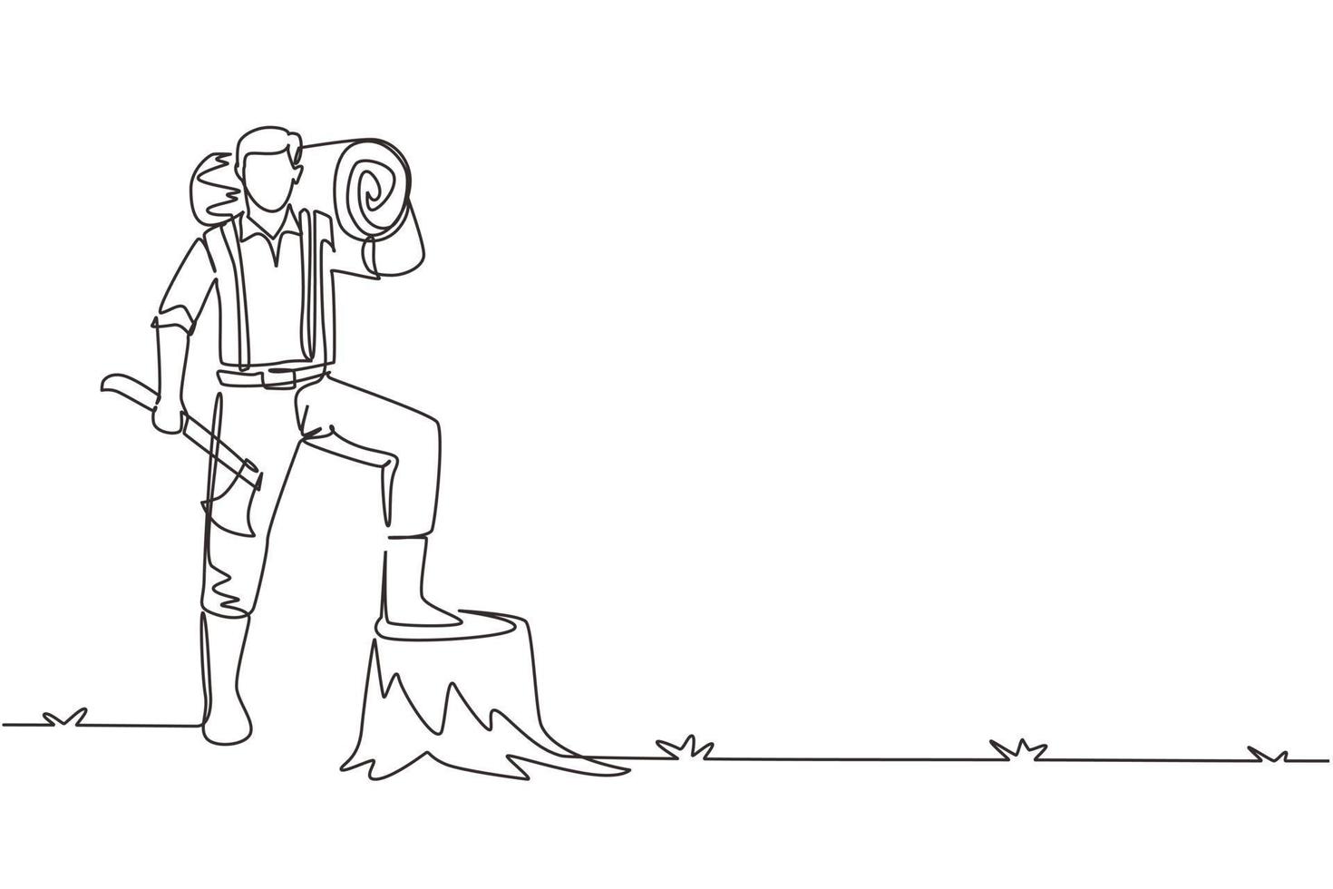 Single one line drawing lumberjack or woodcutter holding timber and axe. Wooden materials manufacturing, standing with axe, posing with one foot on tree stump. Continuous line draw design illustration vector