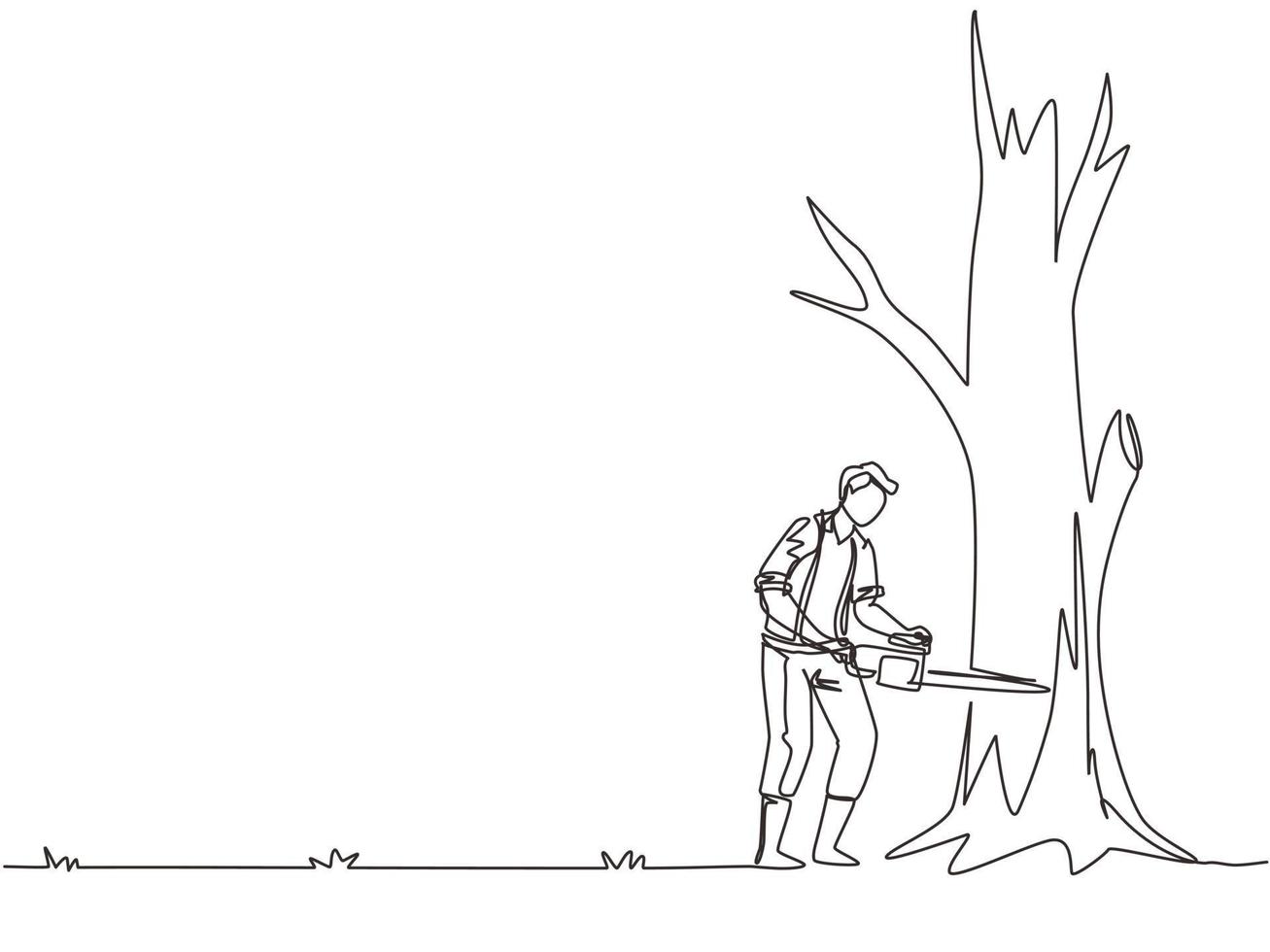 Continuous one line drawing logger sawing log and tree in forest. Wood industry worker with saw in hands. Lumberjack cut timberwood, woodcutter occupation. Single line draw design vector illustration