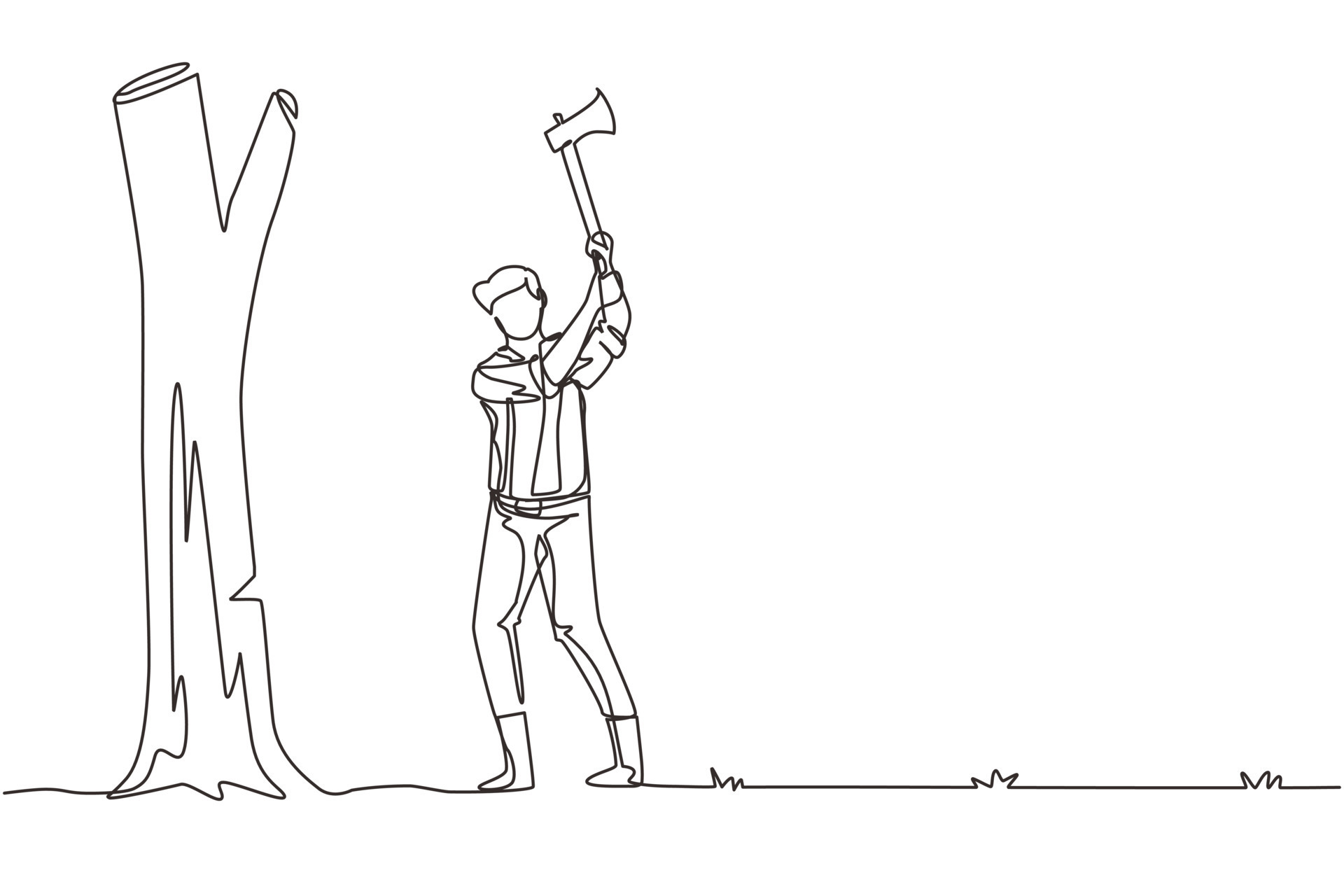 Single continuous line drawing lumberjack with an ax chopping wood