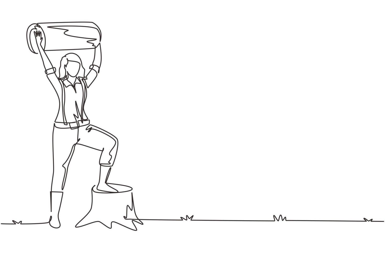 dibujo de una sola línea hermosa mujer leñador sosteniendo un tronco caído. con camisa de liga, jeans y botas, posando con un pie en un tocón de árbol. ilustración de vector de diseño de dibujo de línea continua