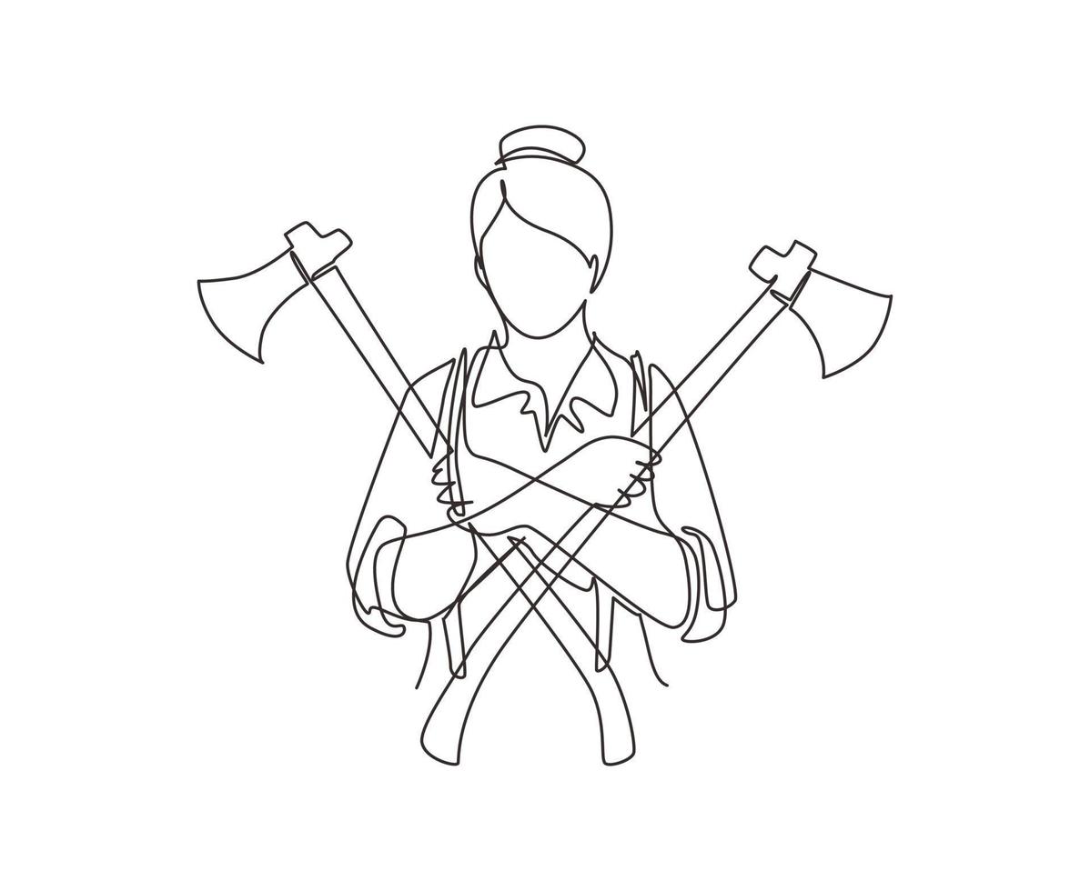 Single one line drawing woman lumberjack holding two axes crossed. Crossed axes, crossed firefighter axe, firewoman axe, Hatchet for carpentry tools. Continuous line draw design vector illustration