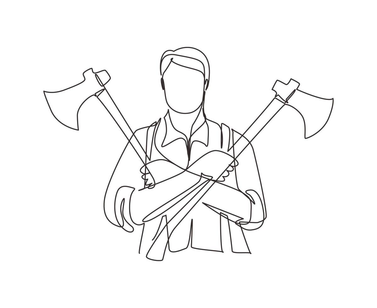 Single continuous line drawing lumberjack holding two axes crossed. Crossed axes, crossed firefighter axe, fireman axe, Hatchet for carpentry tools. One line draw graphic design vector illustration