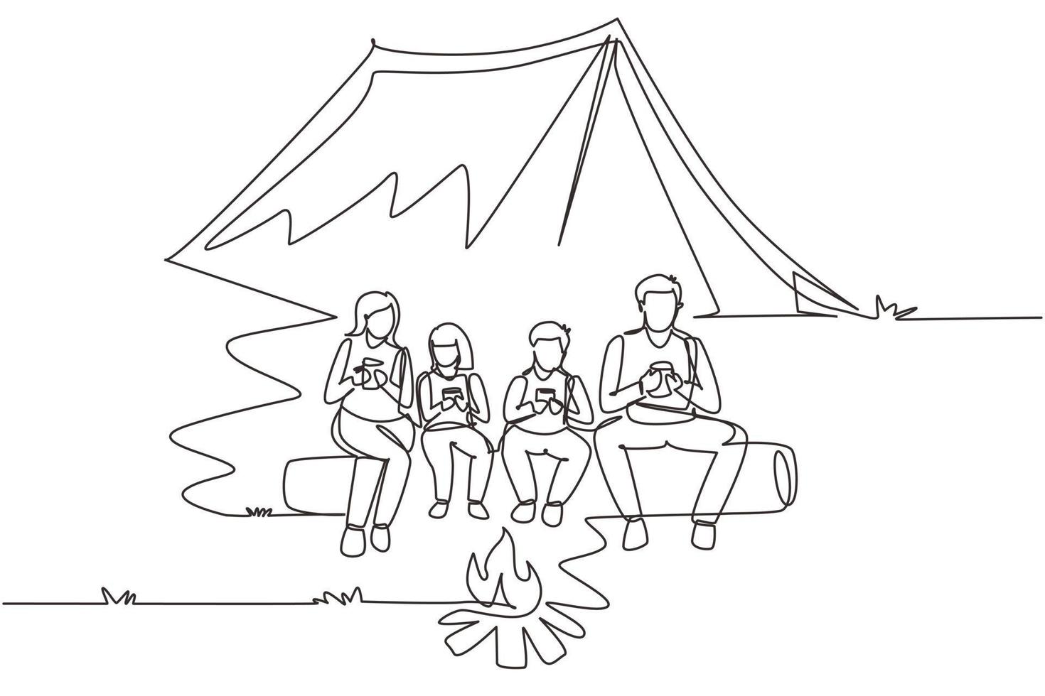 Single one line drawing active hiker family camping with campfire. Drinking hot tea sitting on logs in forest. Mom, dad, son and daughter. Family time. Continuous line draw design vector illustration