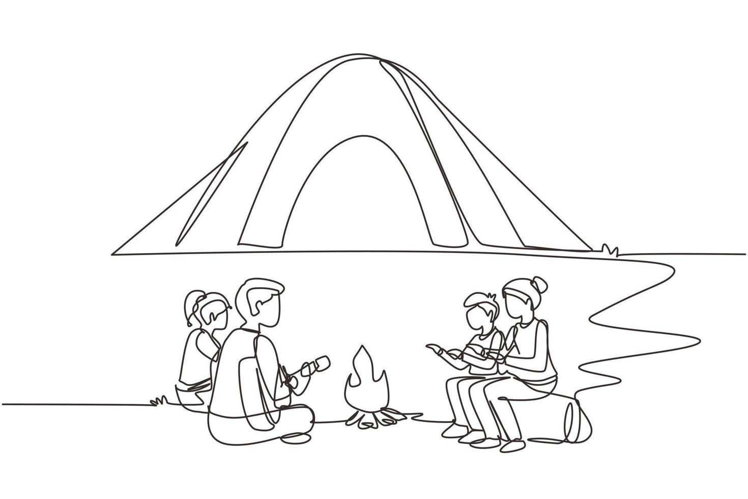 Single one line drawing camping family warm their bodies around campfire tents.  Dad playing guitar, mom and kids sitting on ground and logs, sing song. Continuous line draw design vector illustration