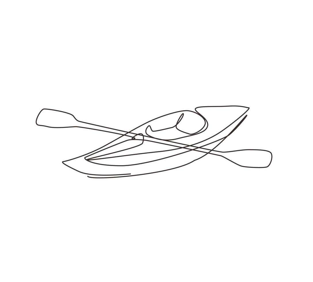 Single continuous line drawing canoe trails and rafting club with kayaking equipment. Vintage mountain, rafting, kayaking, paddling, canoeing camping. One line draw graphic design vector illustration