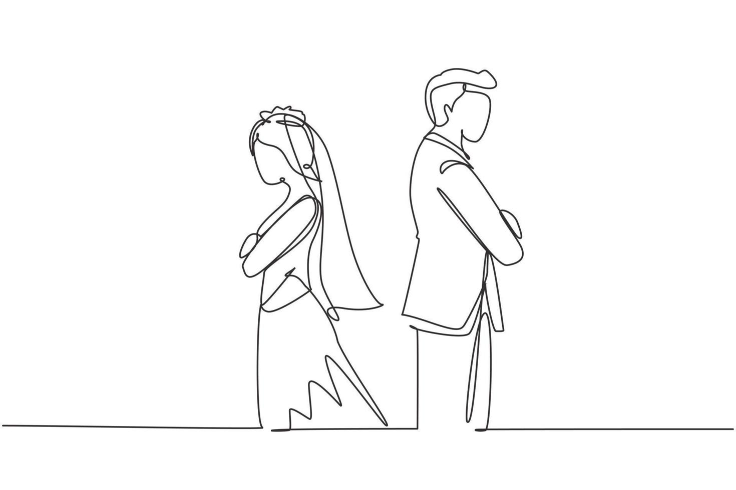 Single continuous line drawing divorced married couple are angry. Relationship break up, broken heart, couple facing opposite direction with wedding dress. One line draw design vector illustration