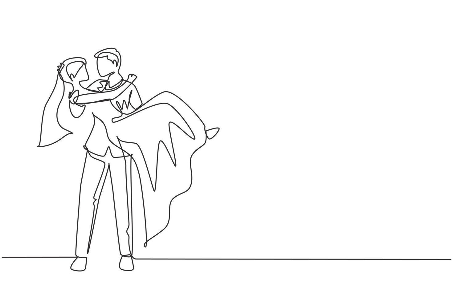 Continuous one line drawing romantic married female in love kissing on lap male wearing wedding dress. Man carrying a woman in wedding celebration. Single line draw design vector graphic illustration