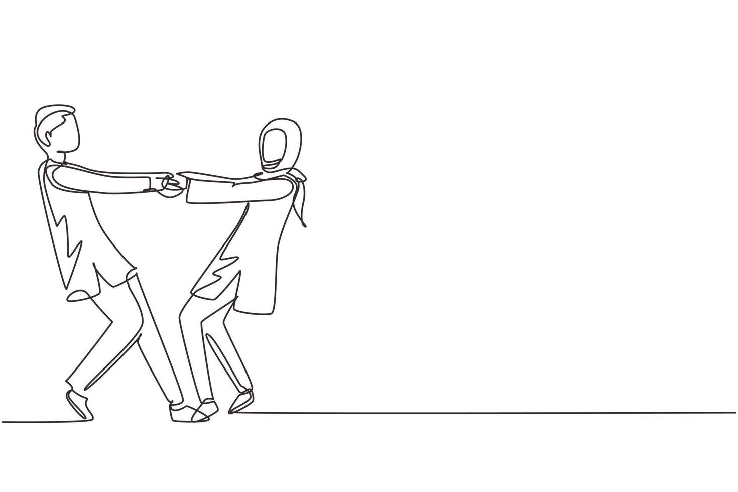 Single one line drawing happy Arabic boy and girl dancing on the floor at  home. Romantic young wedding couple holding hands and spinning around.  Continuous line draw design graphic vector illustration 8721500