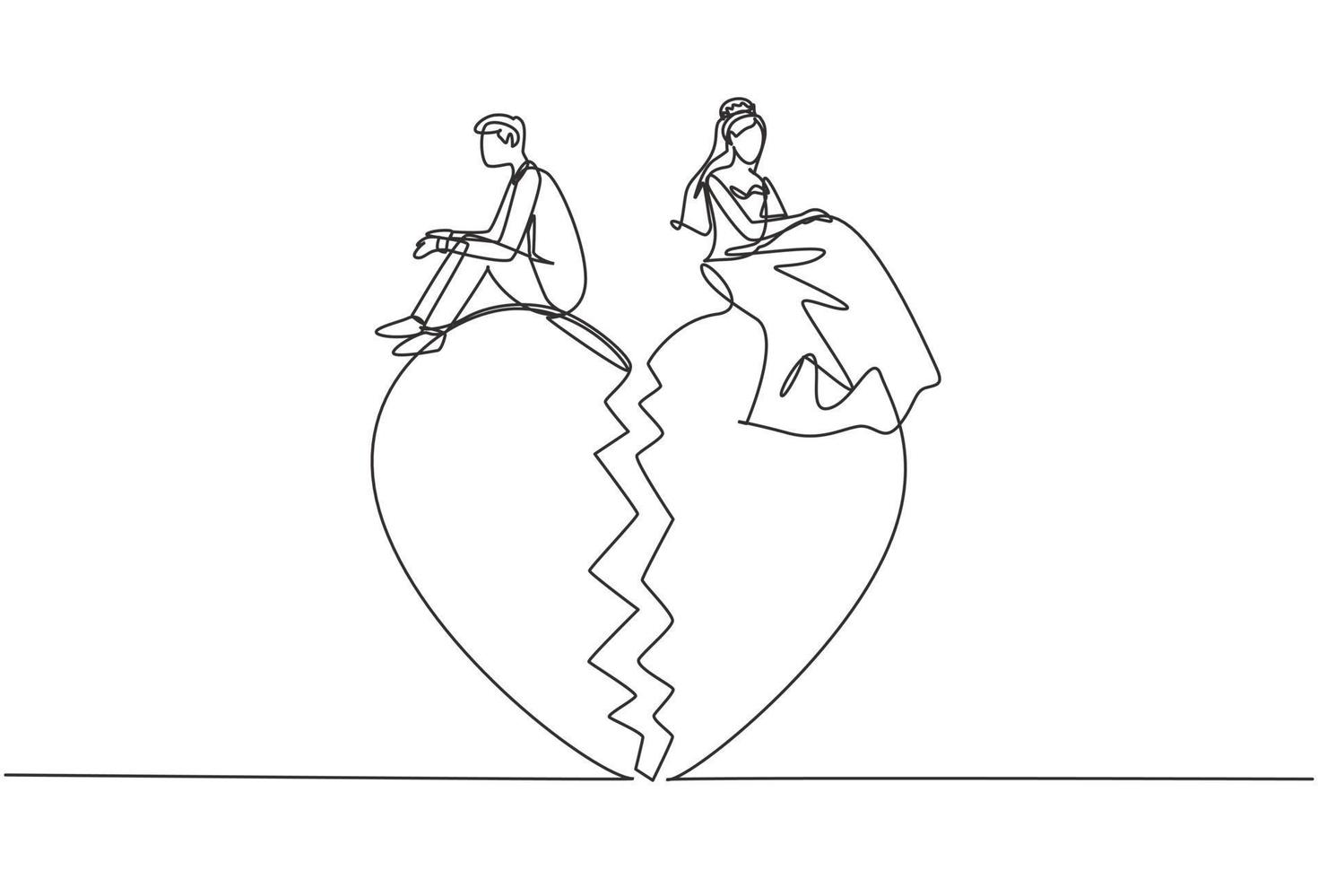 Continuous one line drawing relationship break up, broken heart, couple facing opposite direction. Married couple sitting on big broken heart shape. Single line draw design vector graphic illustration