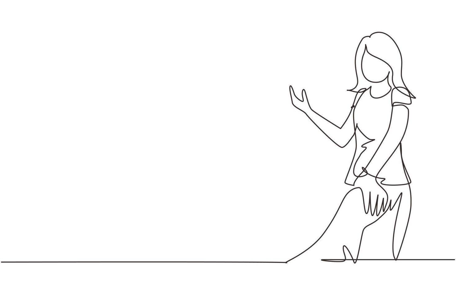 Single one line drawing woman walking on romantic honeymoon promenade holiday holding hand of husband following her, view from behind. Couple summer vacation travel. Continuous line draw design vector