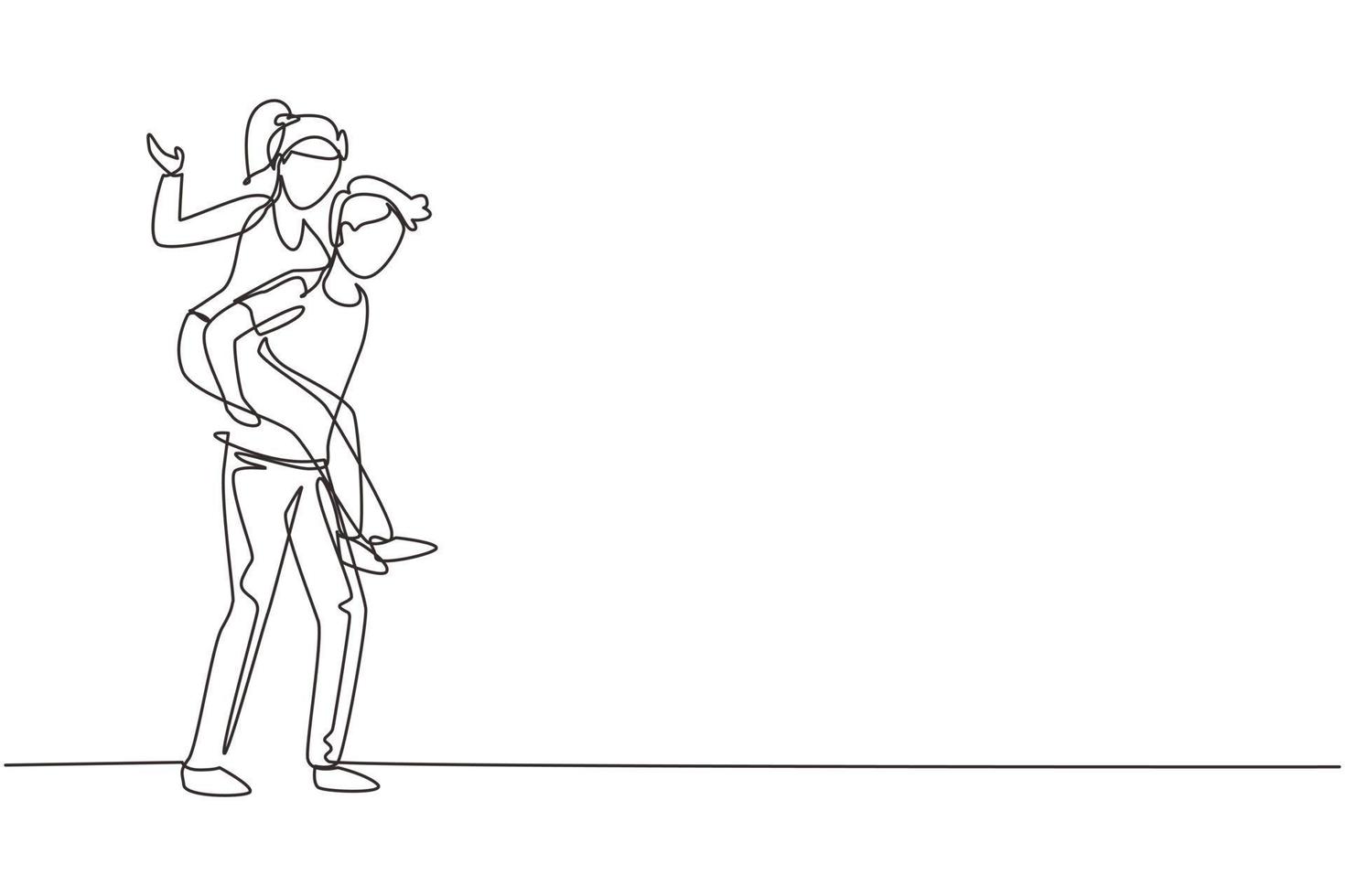 una sola línea continua dibujando una pareja adolescente con un hombre que lleva a una mujer en la espalda durante el festival de música. feliz joven pareja romántica enamorada. Ilustración de vector de diseño gráfico de dibujo de una línea dinámica