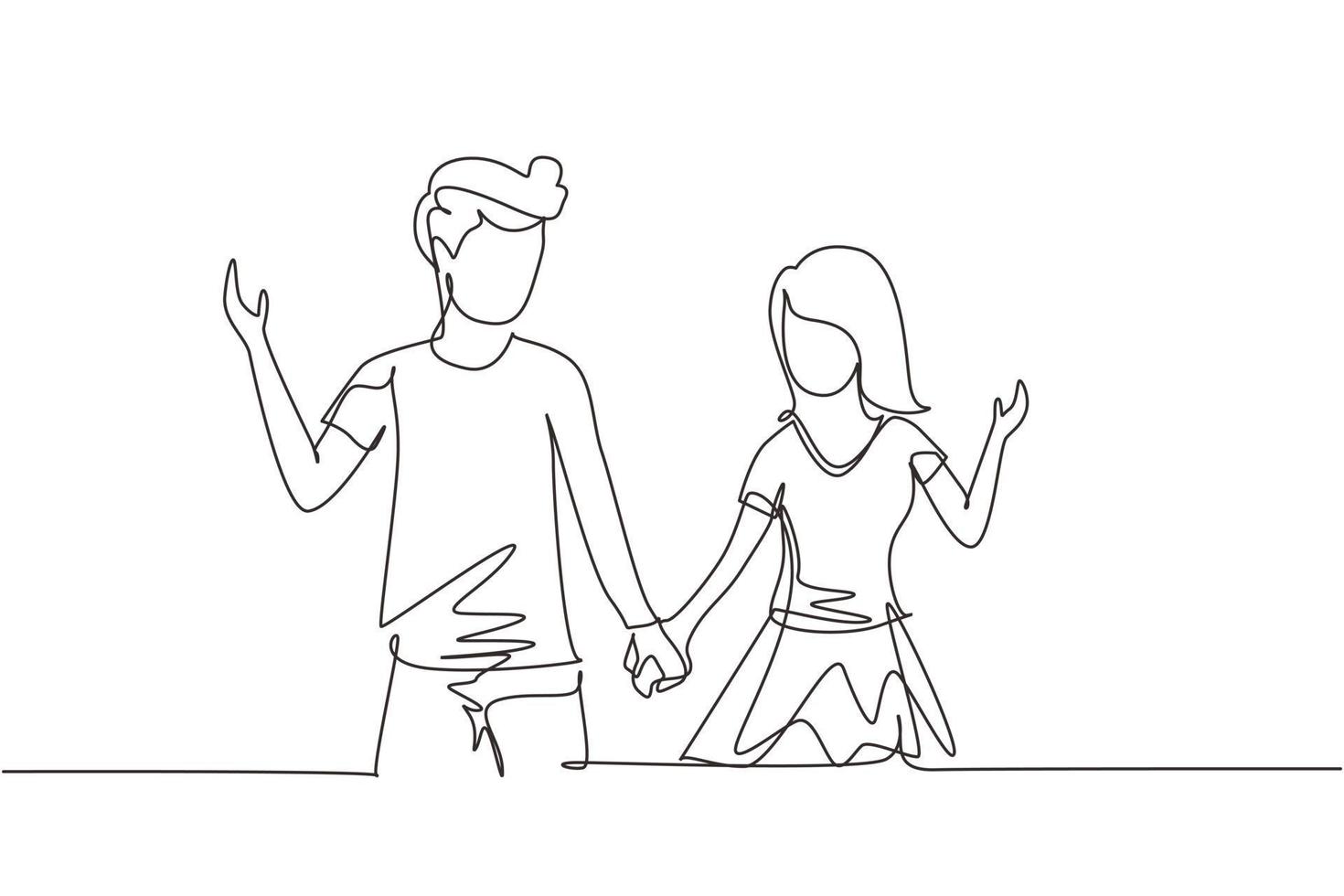 dibujo continuo de una línea linda pareja joven enamorada de la mano. pareja romántica enamorada pasando tiempo juntos al aire libre. concepto de familia feliz. ilustración gráfica de vector de diseño de dibujo de una sola línea