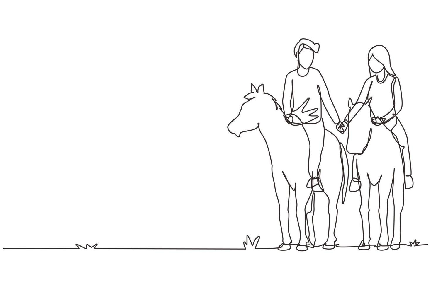 Continuous one line drawing couple riding horses hand in hand at sunset. Happy man making proposal marriage to woman. Engagement and love relation. Single line draw design vector graphic illustration