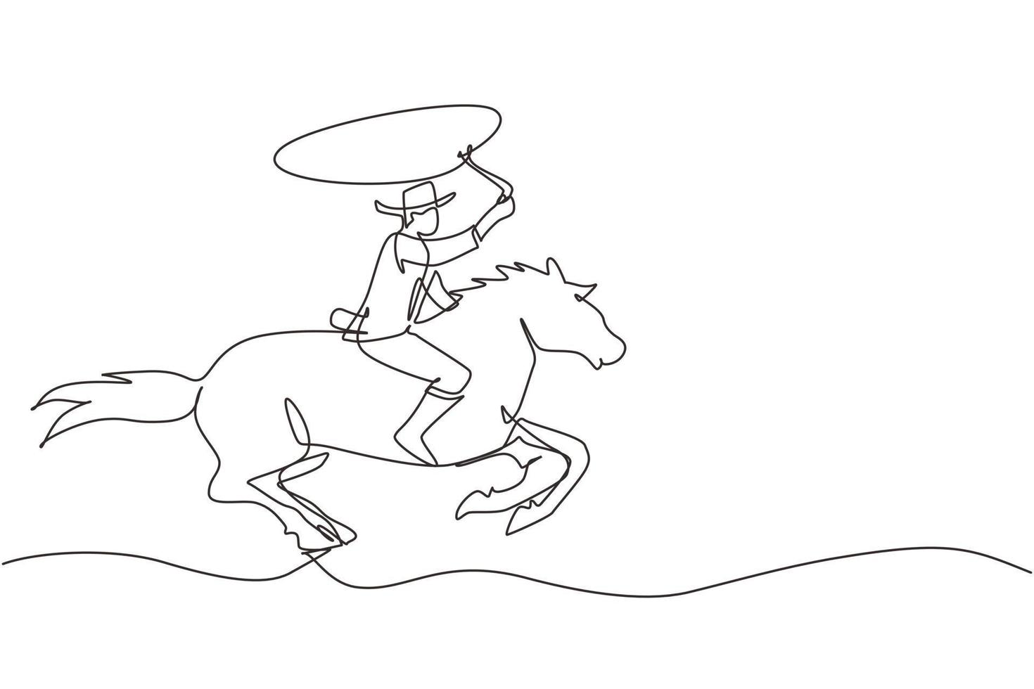 Continuous one line drawing cowboy on horse galloping across desert. Cowboy on bucking horse running with lasso. Cowboy with rope lasso on horse. Single line draw design vector graphic illustration