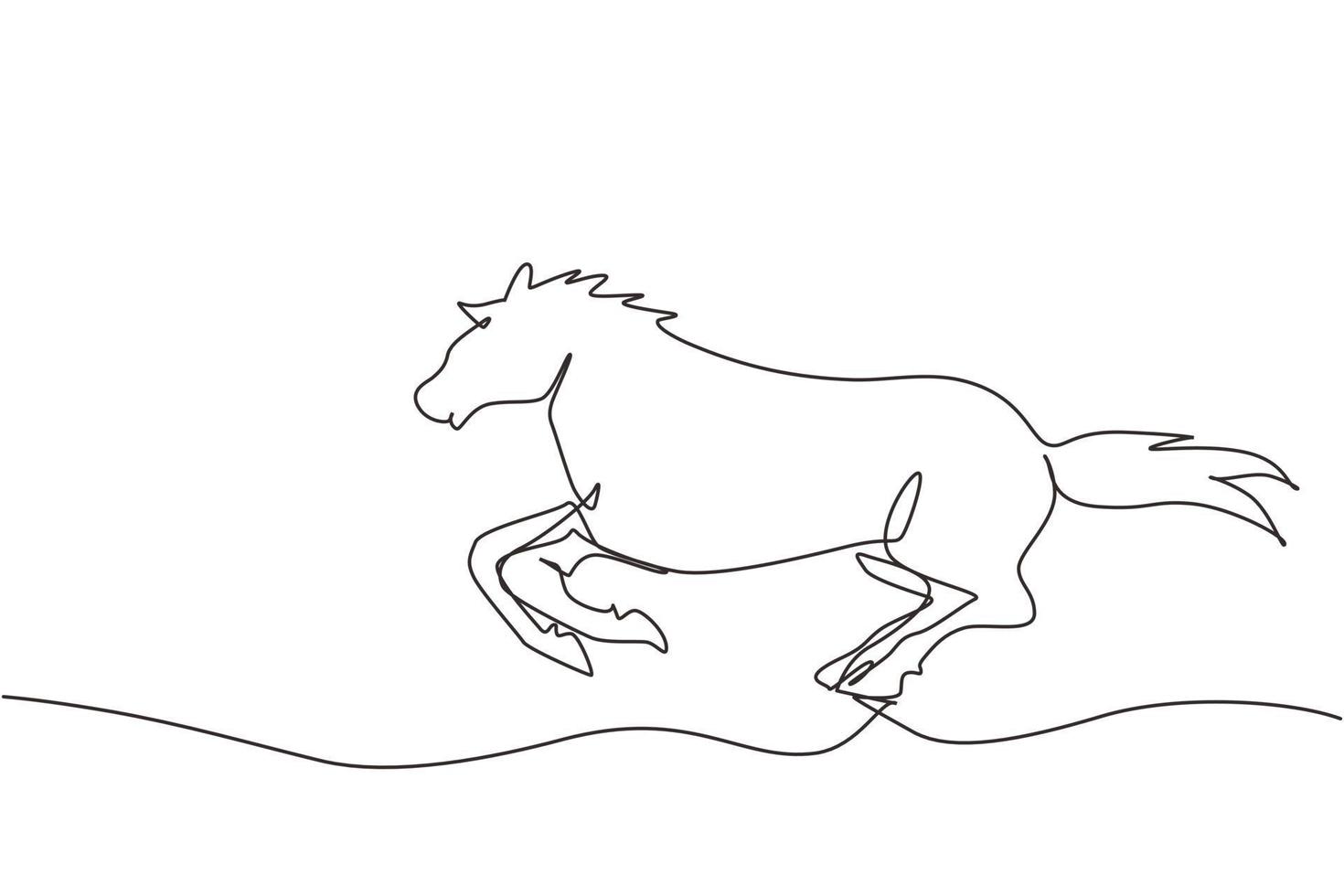 Single one line drawing running horse with long mane. Stallion lowered its head and gallops with legs stretched out. Vector black silhouette for equestrian goods. Continuous line draw design graphic