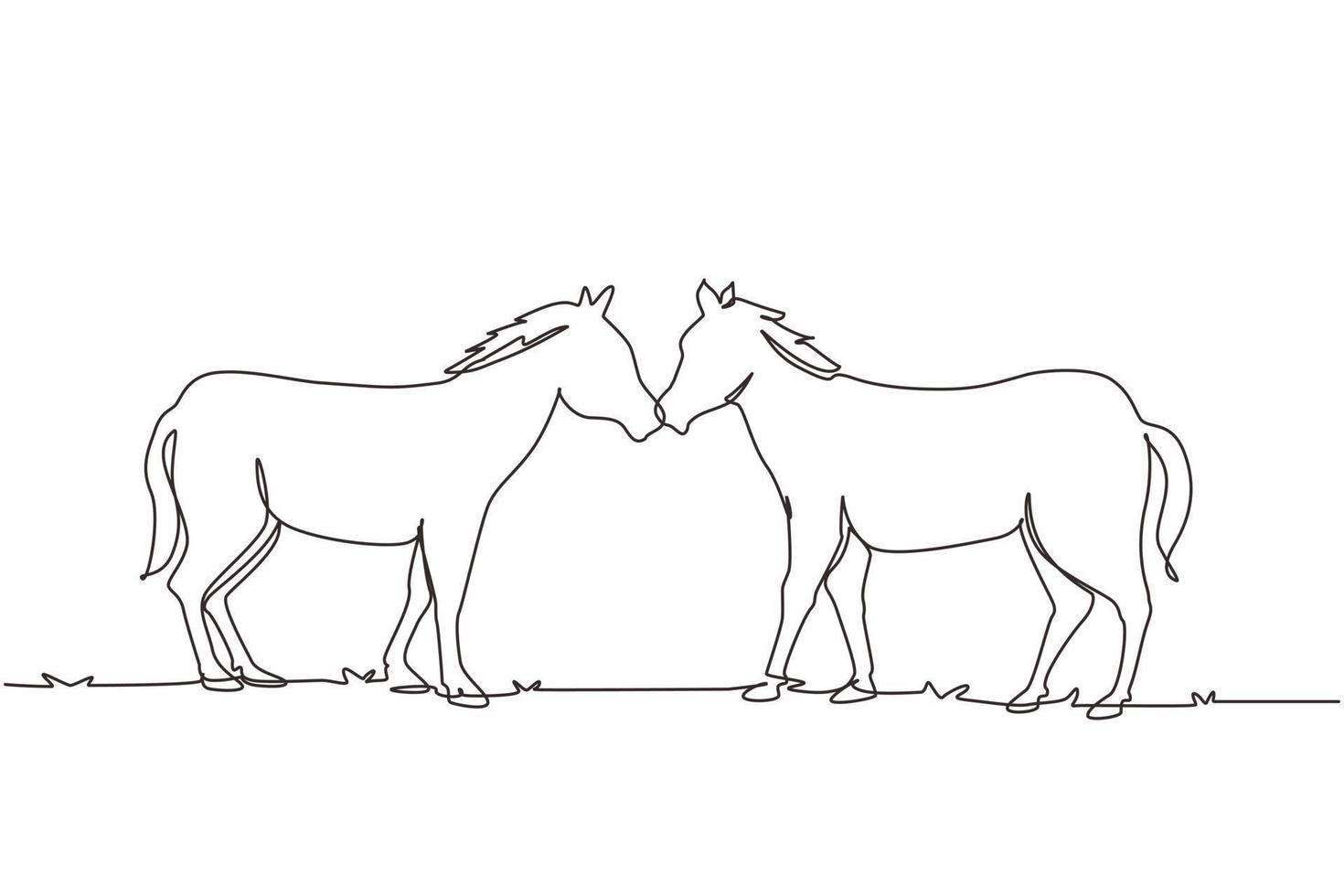 Single continuous line drawing two horses walks gracefully face to face. Wild mustang gallops in free nature. Animal mascot for horse ranch. Dynamic one line draw graphic design vector illustration