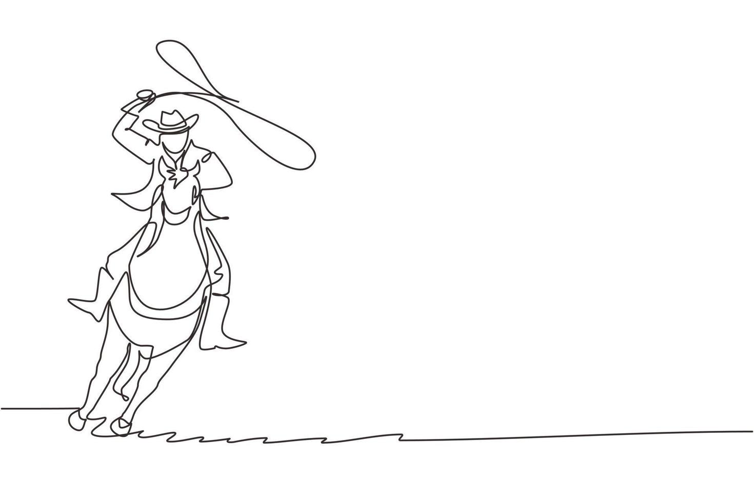 vaquero de dibujo continuo de una línea con lazo de cuerda a caballo. vaquero americano montando a caballo y lanzando lazo. vaquero en caballo tronzado corriendo con lazo. ilustración gráfica de vector de diseño de línea única