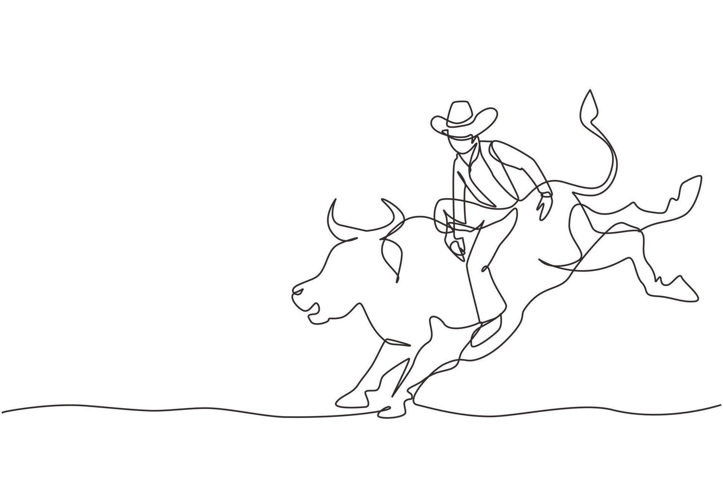 Continuous one line drawing cowboy riding wild bull for exciting rodeo show. strong and brave cowboy in hat join with rodeo competition riding wild bull. Single line design vector graphic illustration