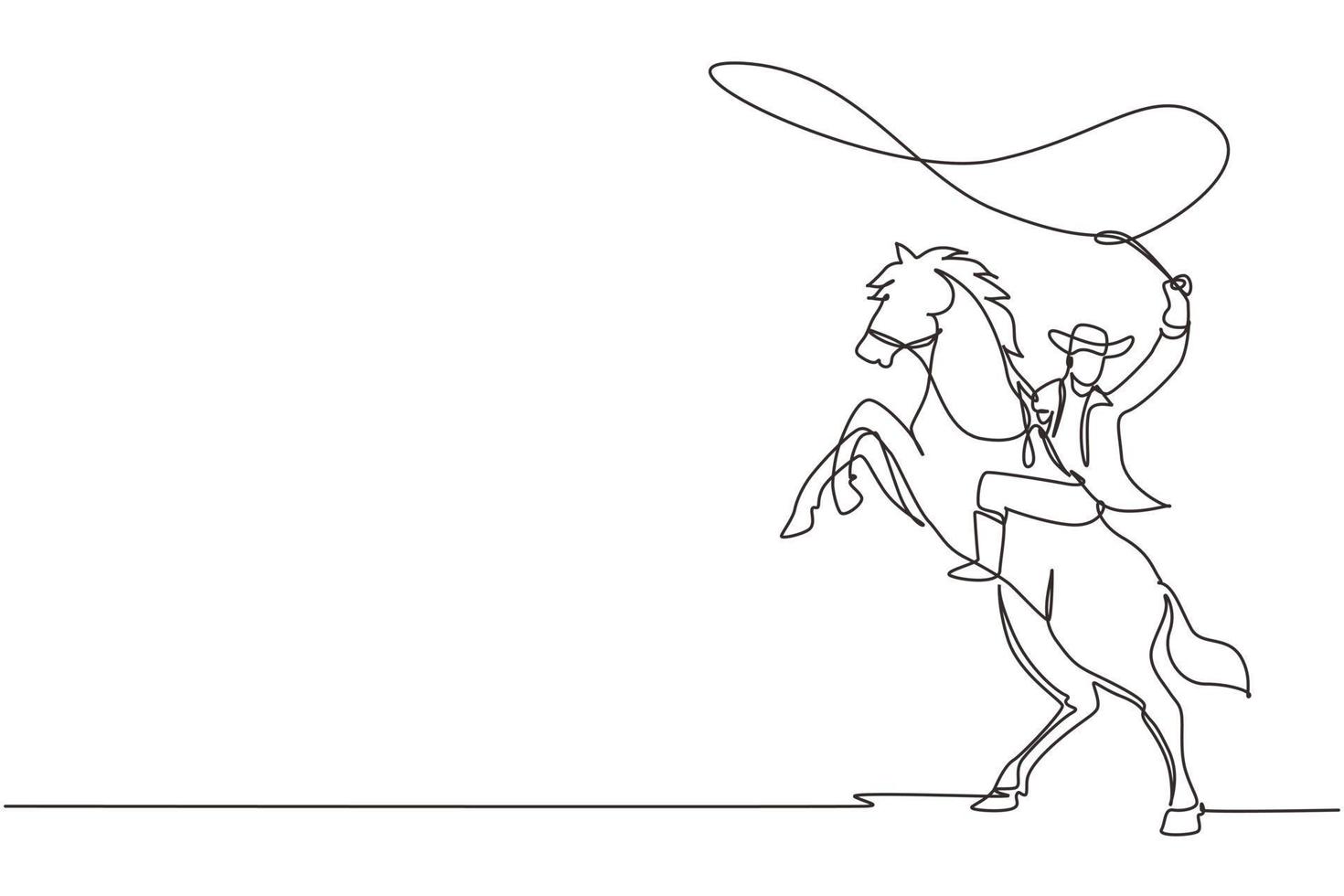 Single one line drawing cowboy with lasso on rearing horse. Cowboy with rope lasso on horse. American cowboy riding horse and throwing lasso. Continuous line draw design graphic vector illustration