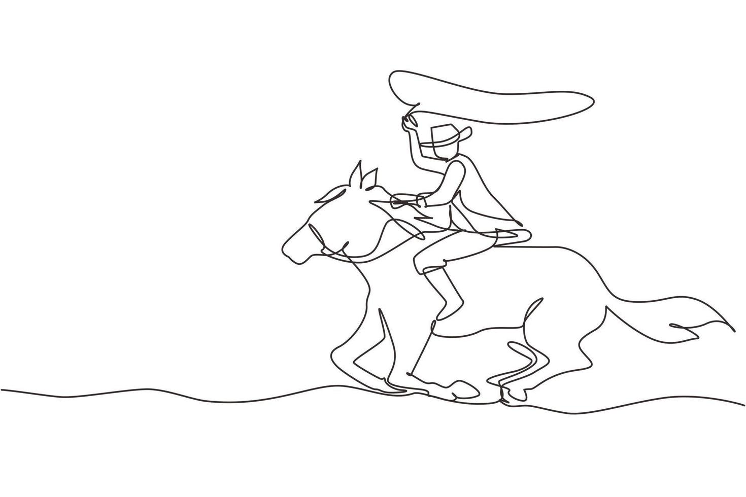 Single continuous line drawing cowboy on horse galloping across dusty field. Cowboy on bucking horse running with lasso. Cowboy with rope lasso on horse. One line graphic design vector illustration