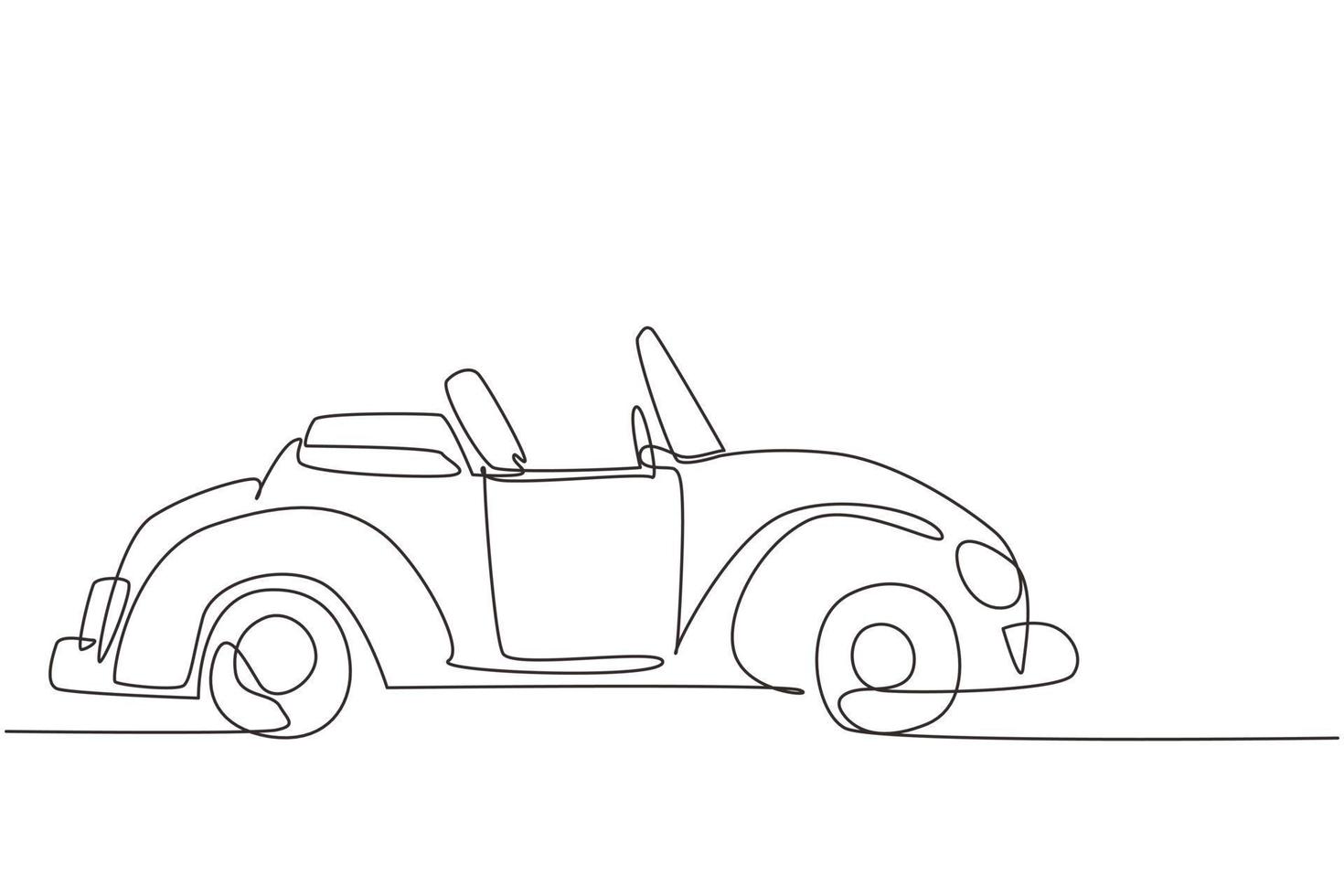 dibujo de una sola línea continua antiguo coche convertible retro estacionado en la calle de la ciudad. símbolo de coleccionistas de automóviles y automóviles. vehículo de motor de época. Ilustración de vector de diseño gráfico de dibujo de una línea dinámica