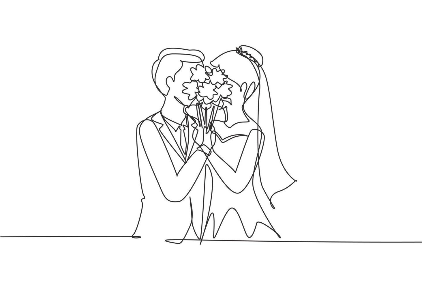 Single one line drawing cute married couple hugging and kissing behind bouquet of flowers. Happy man and woman celebrating wedding anniversary. Continuous line draw design graphic vector illustration