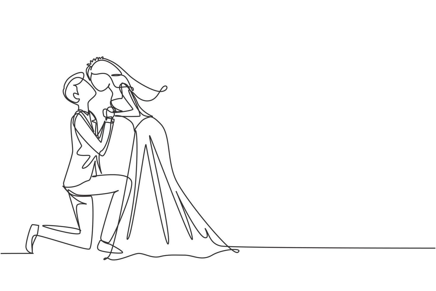 Continuous one line drawing romantic married female in love kissing on lap  male wearing wedding dress. Man carrying a woman in wedding celebration.  Single line draw design vector graphic illustration 8721494 Vector