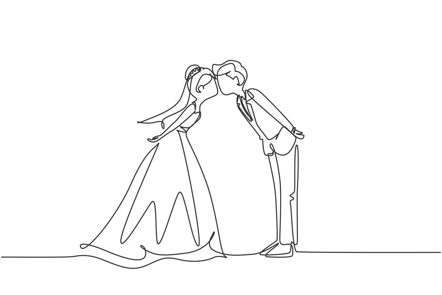 Single continuous line drawing married couple in love and kissing. Happy man wearing suit and woman with wedding dress celebrating wedding anniversary. One line draw graphic design vector illustration