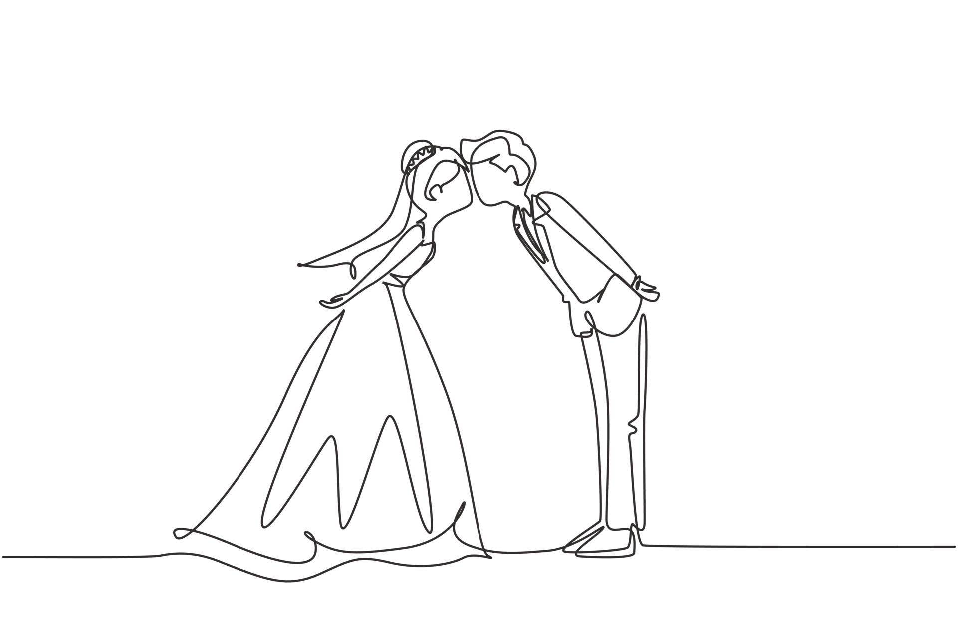 Continuous one line drawing romantic married female in love kissing on lap  male wearing wedding dress. Man carrying a woman in wedding celebration.  Single line draw design vector graphic illustration 8721494 Vector