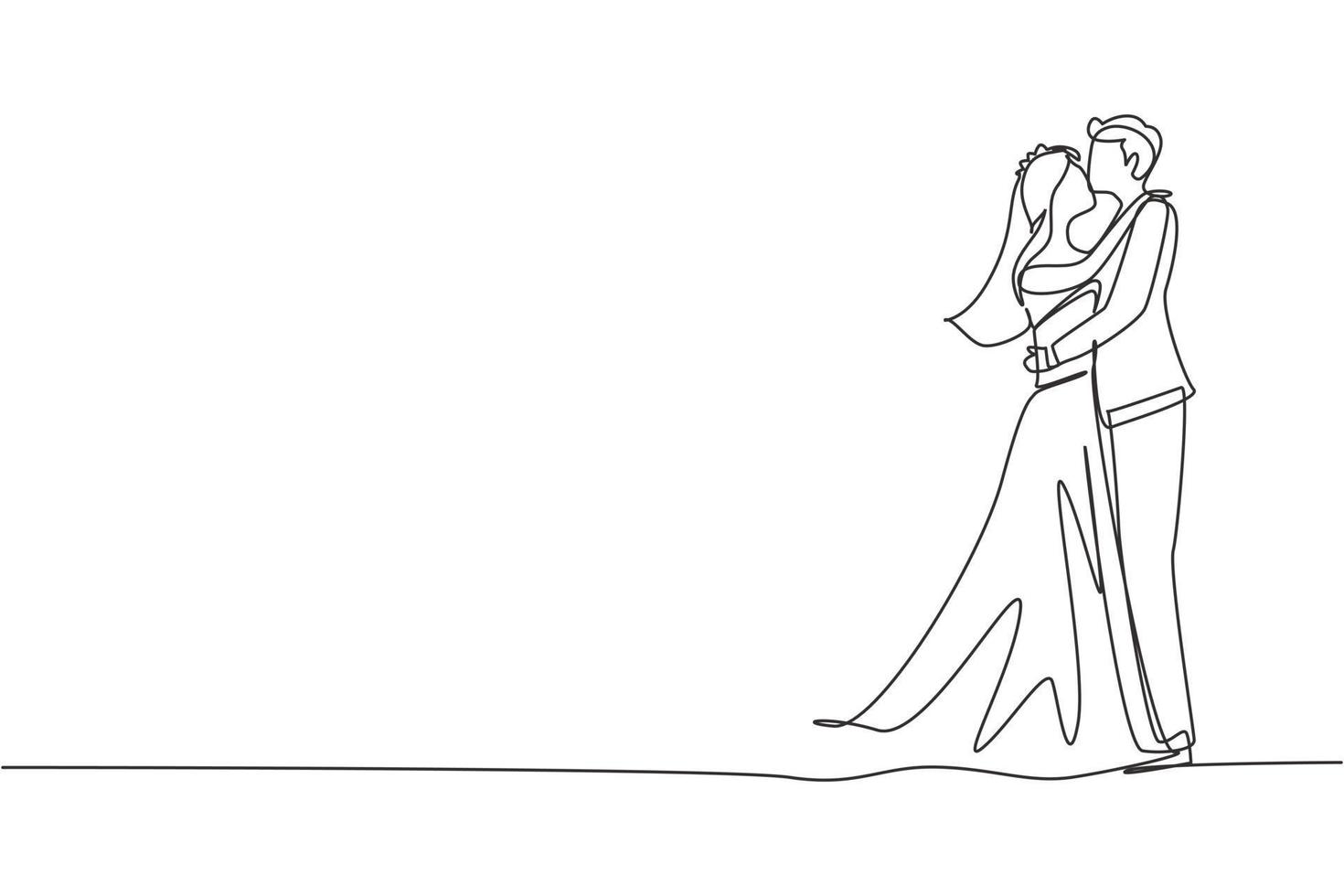 Continuous one line drawing dominant relationship of human. Married couple in love kissing and hugging. Happy man and woman in wedding celebration. Single line draw design vector graphic illustration