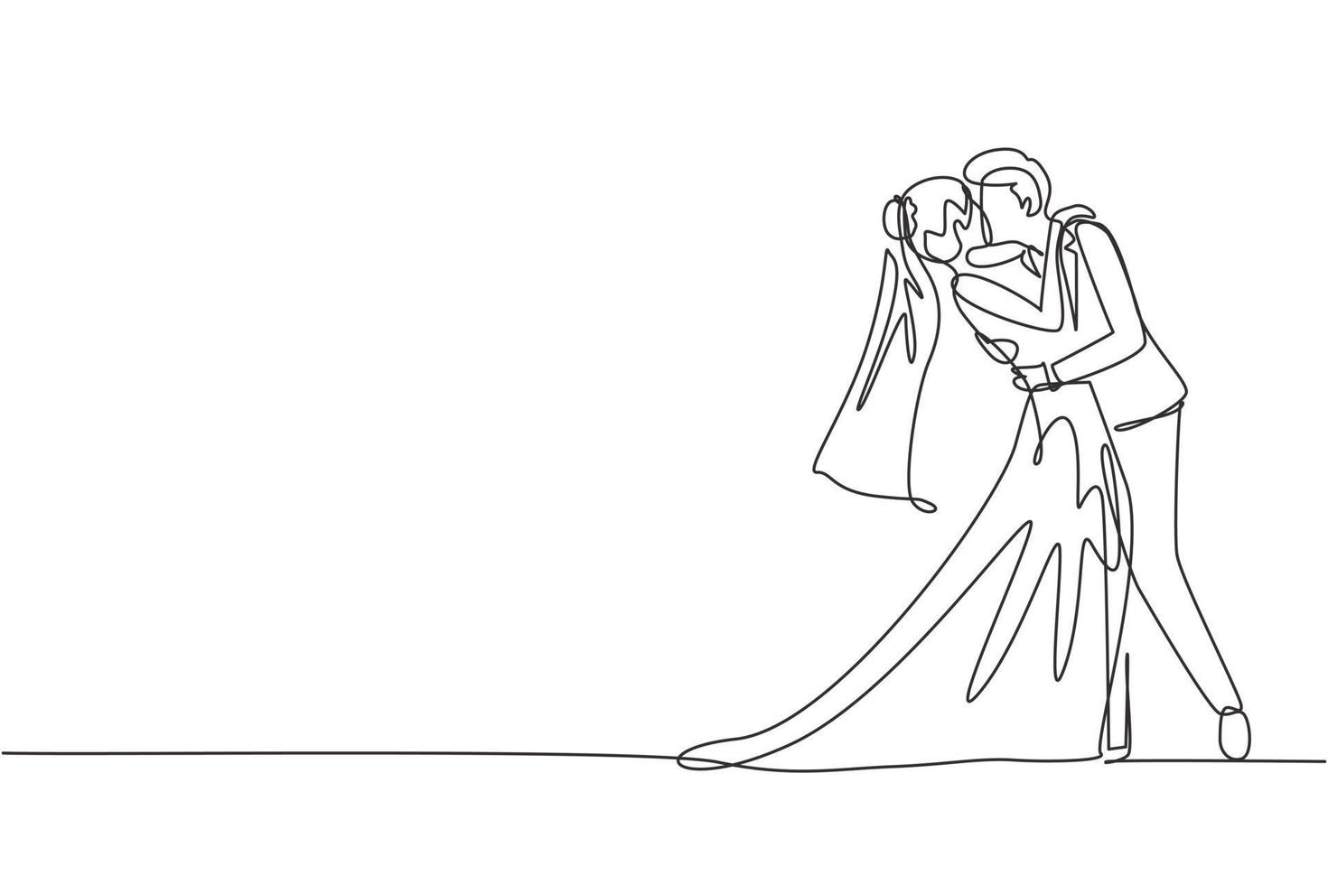 dibujo de una sola línea amorosa pareja casada besándose y abrazándose. jóvenes amantes de la pareja romántica besándose. hombre y mujer felices se preparan para la fiesta de bodas. vector gráfico de diseño de dibujo de línea continua