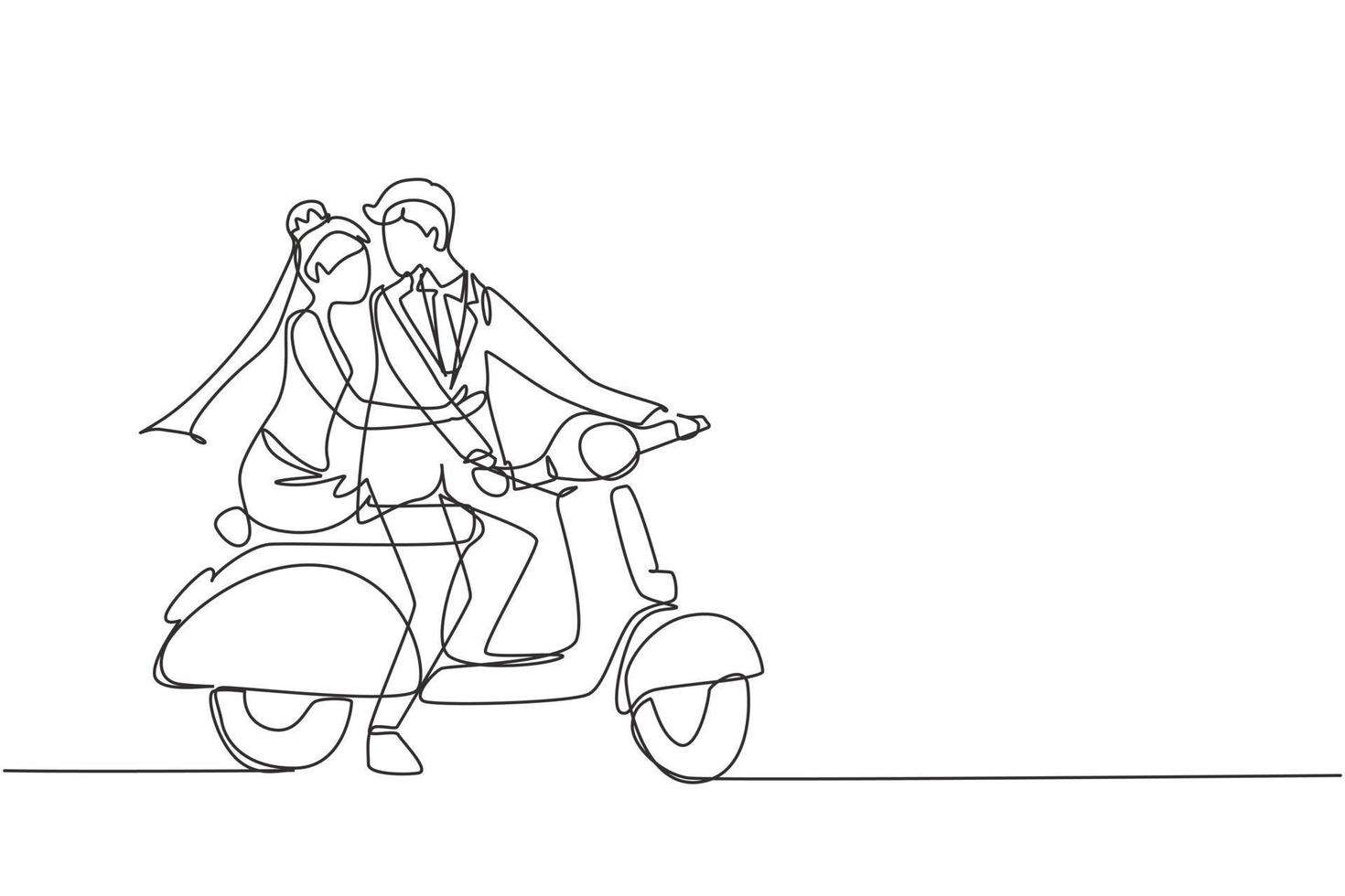 Continuous one line drawing married couple with scooter vintage, pre-wedding concept. Man and woman with motorcycle, amorous relationship. Romantic road trip. Single line draw design vector graphic