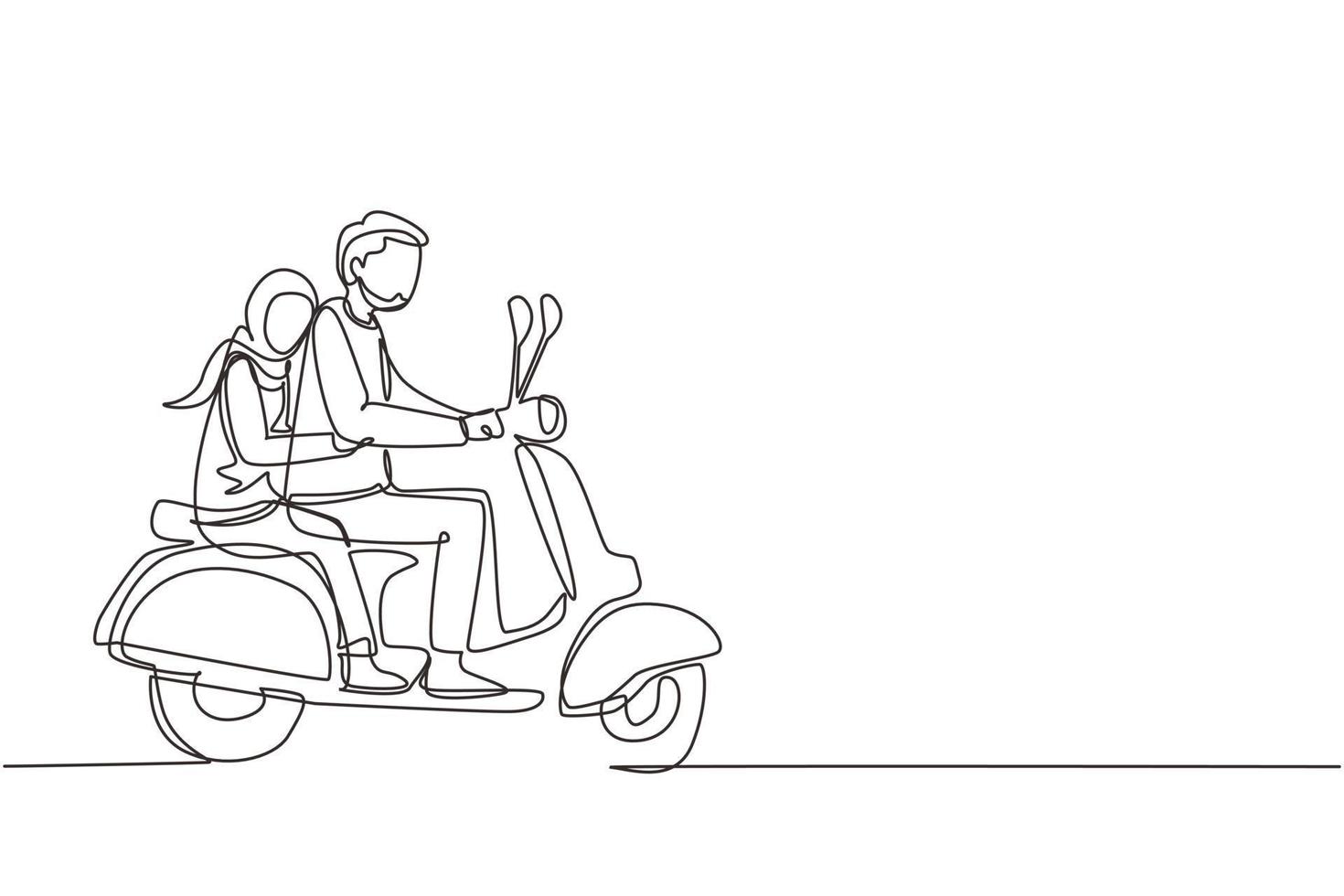 Single continuous line drawing Arabian couple riding motorcycle. Man driving scooter and woman are passenger while hugging. Driving around city. Drive safely. One line draw design vector illustration