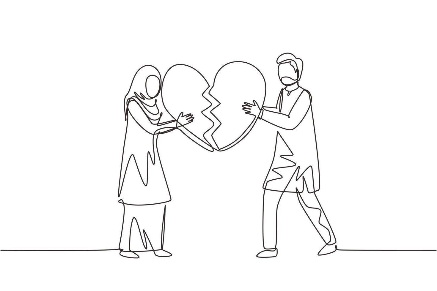 Single one line drawing heartbroken Arabic couple parting, divorce. Sad young man and woman trying to put together parts of broken heart. Modern continuous line draw design graphic vector illustration