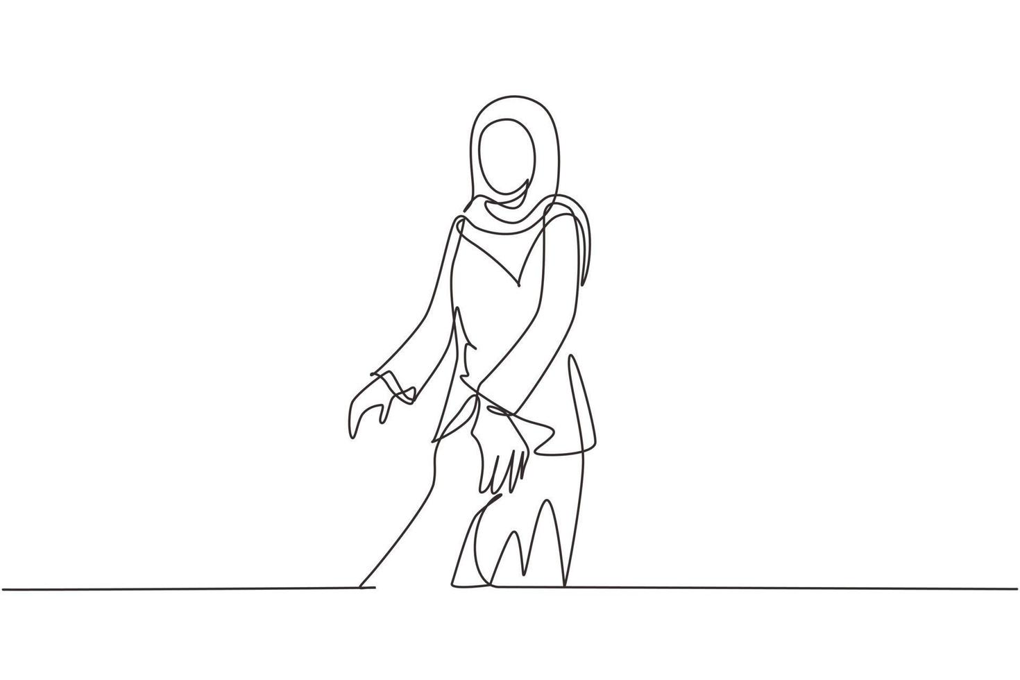 Continuous one line drawing Arabic woman walking on romantic honeymoon promenade holiday holding hand of husband following her, view from behind. Couple summer vacation. Single line draw design vector