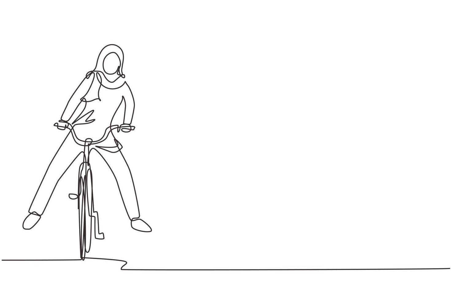 Single one line drawing happy Arabian woman in casual clothes riding bicycle. Healthy and sport lifestyle. Ecological vehicle of transportation. Continuous line draw design graphic vector illustration