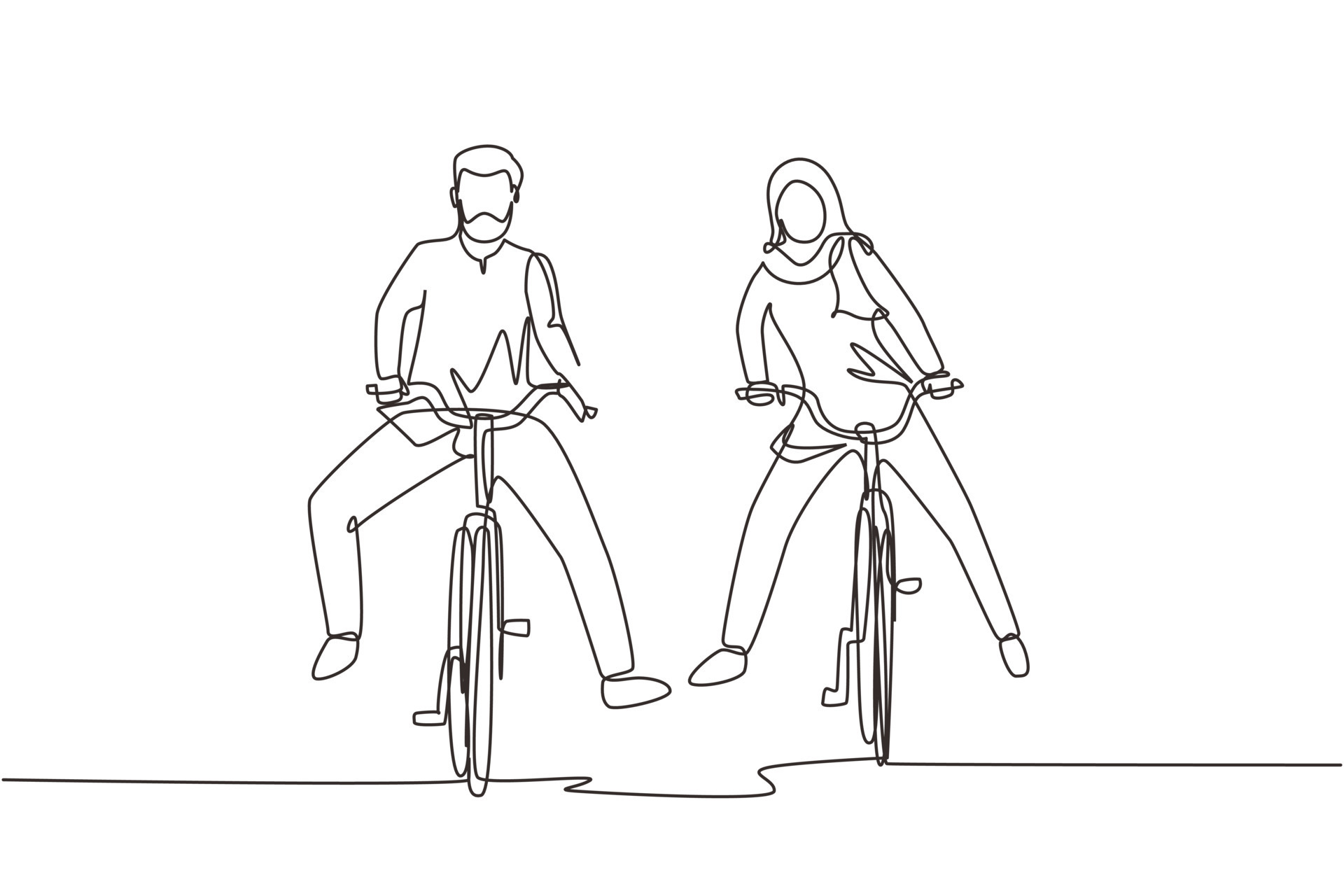 Continuous one line drawing funny young Arabian couple riding on bicycle. Romantic teenage couple ride bike. Young man and woman in love. Happy married couple. Single line draw design vector graphic 8721584 Continuous one line drawing funny young Arabian couple riding on bicycle. Romantic teenage couple ride bike. Young man and woman in love. Happy married couple. Single line draw design vector graphic 8721584