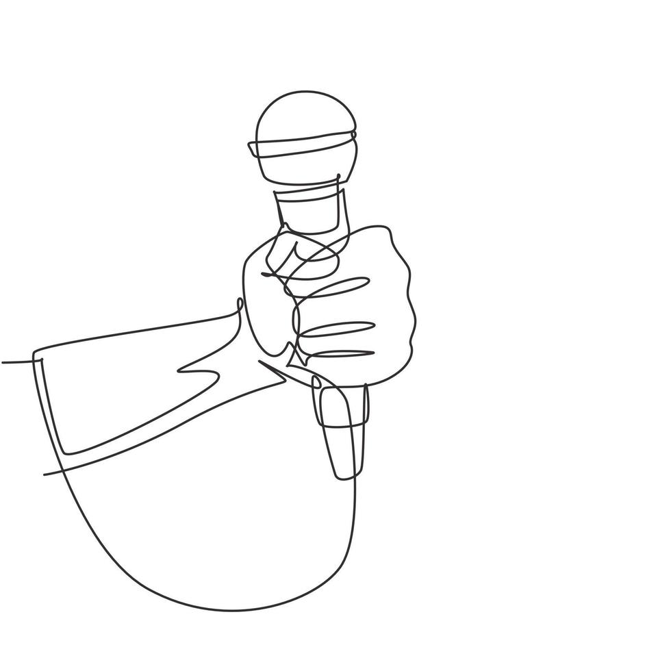 Single one line drawing karaoke man sings song to microphone. Singer holding a microphone in his hand at karaoke singer sings the song. Modern continuous line draw design graphic vector illustration